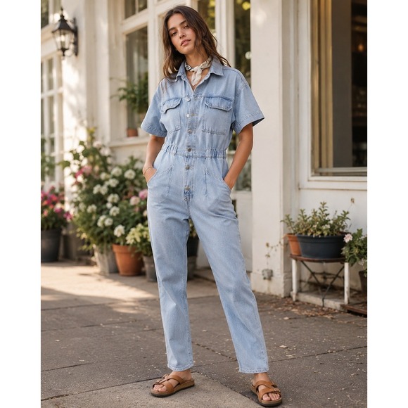 Free People Pants - Free People We The Free Marci Denim Coverall Jumpsuit Clear Skies XL Light Wash
